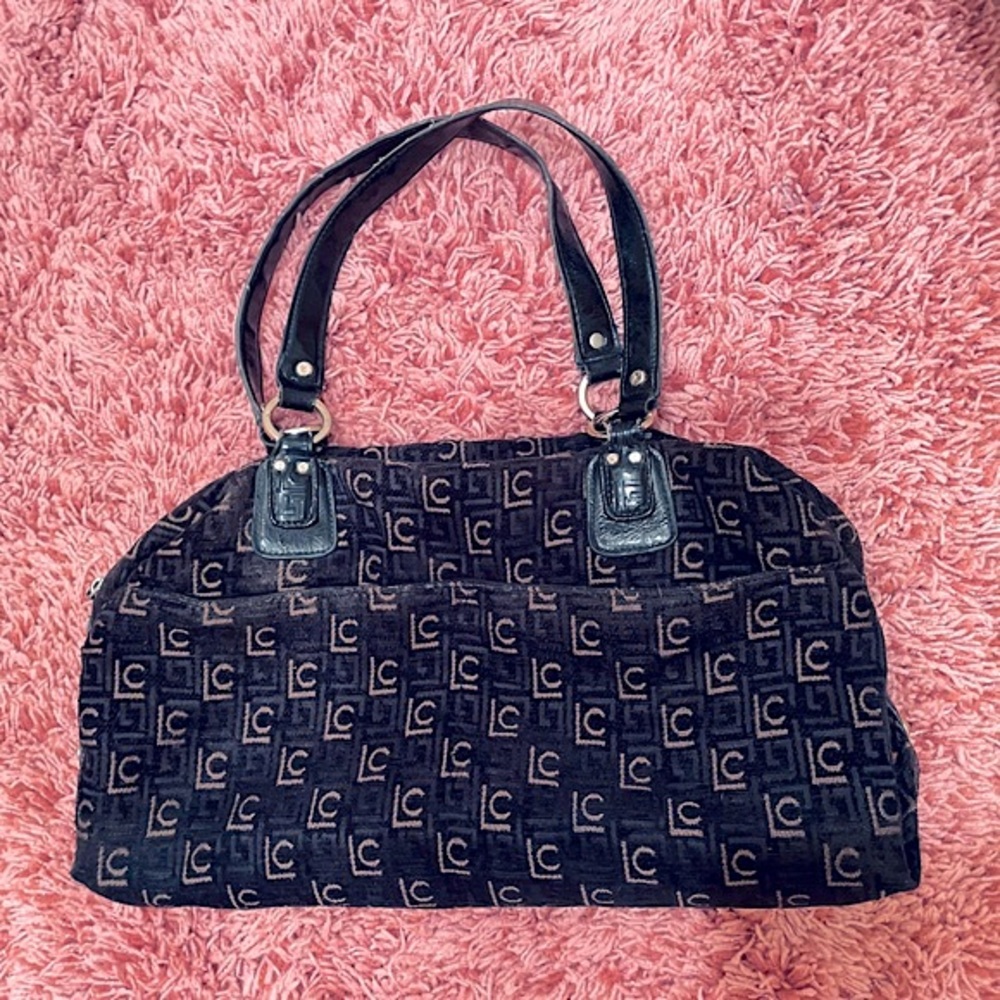 Liz Claiborne Black & Gold Logo Polyester Double Strap Medium Shoulder Bag Purse